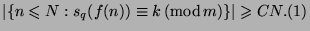 $\displaystyle \vert\{ n\leqslant N : s_q(f(n))\equiv k ({\rm mod }m)\}\vert\geqslant CN.\leqno{(1)}$