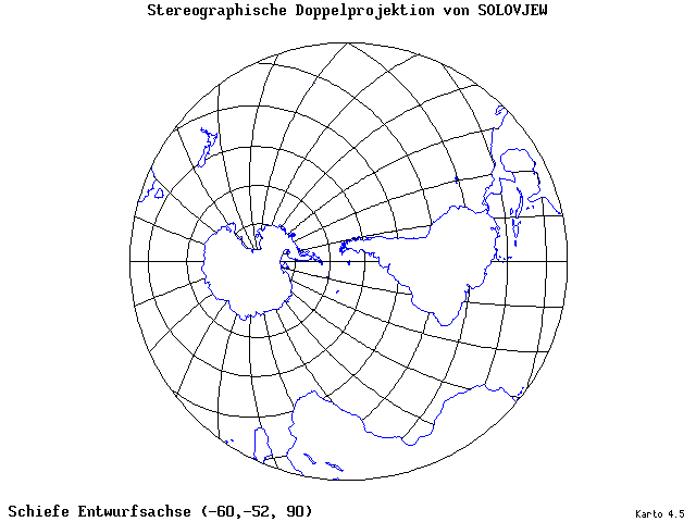 Solovjev's Double-Stereographic Projection - 60°W, 52°S, 90° - standard