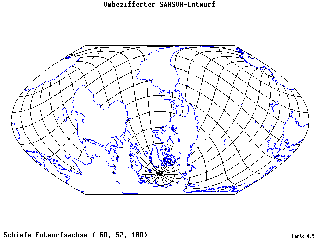 Sanson's Projection (modified) - 60°W, 52°S, 180° - standard