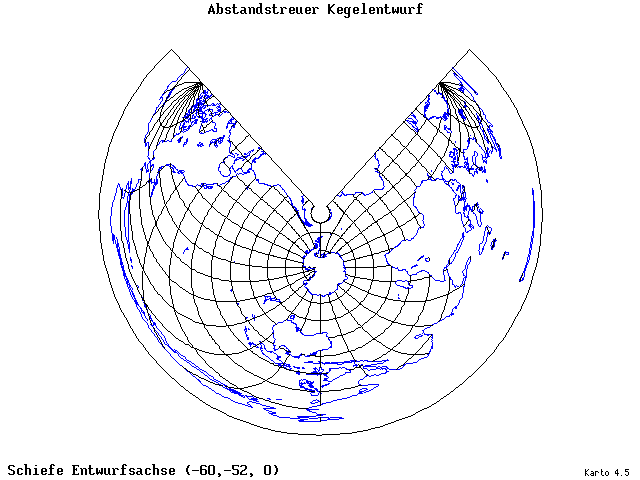 Conical Equidistant Projection - 60°W, 52°S, 0° - wide