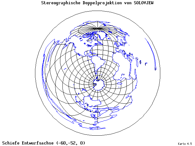 Solovjev's Double-Stereographic Projection - 60°W, 52°S, 0° - wide