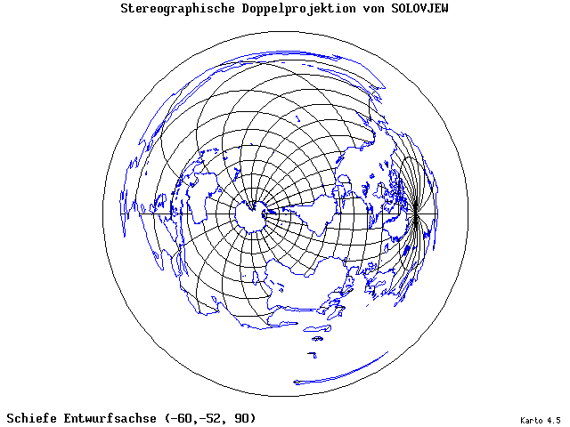 Solovjev's Double-Stereographic Projection - 60°W, 52°S, 90° - wide