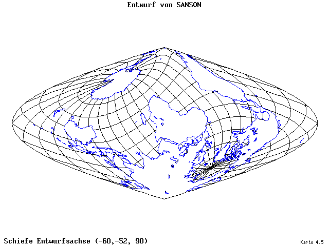 Sanson's Projection - 60°W, 52°S, 90° - wide