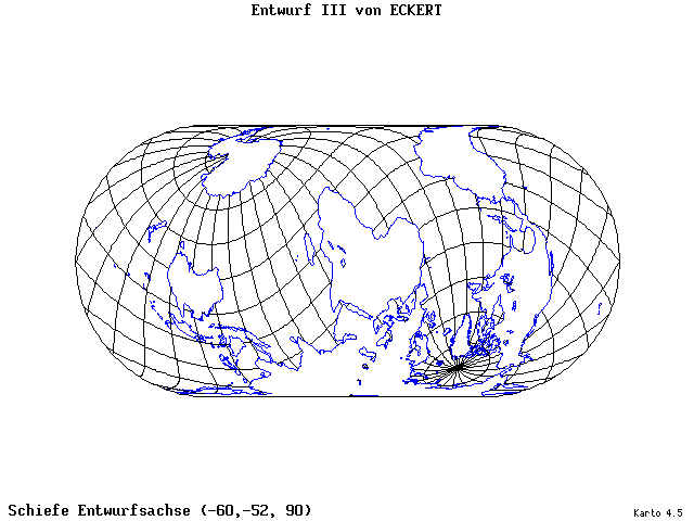 Pseudocylindrical Projection (Eckhart III) - 60°W, 52°S, 90° - wide