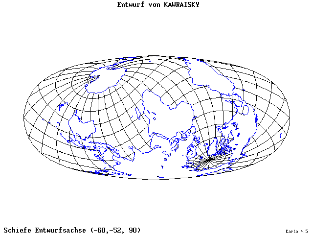 Kavraisky's Projection - 60°W, 52°S, 90° - wide