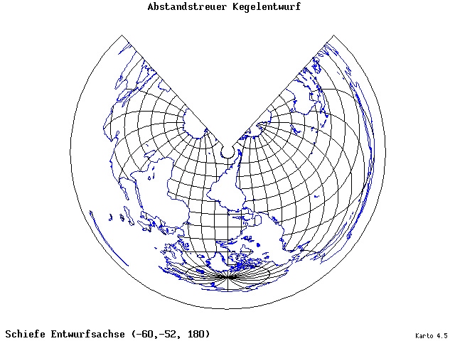 Conical Equidistant Projection - 60°W, 52°S, 180° - wide