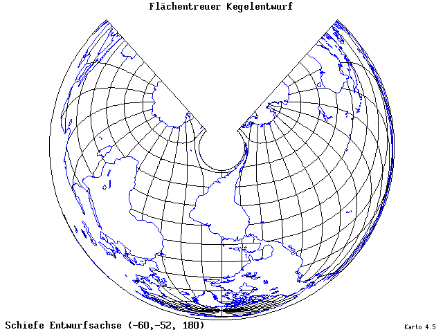 Conical Equal-Area Projection - 60°W, 52°S, 180° - wide