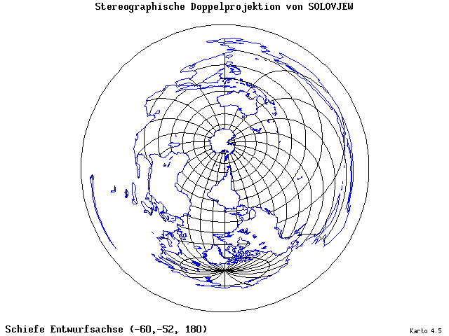 Solovjev's Double-Stereographic Projection - 60°W, 52°S, 180° - wide