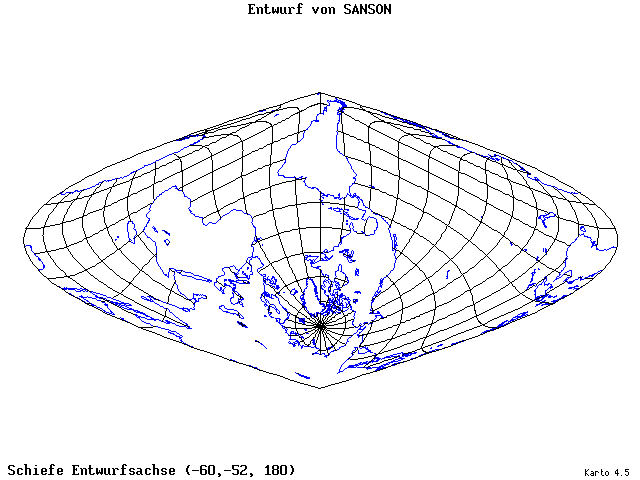 Sanson's Projection - 60°W, 52°S, 180° - wide