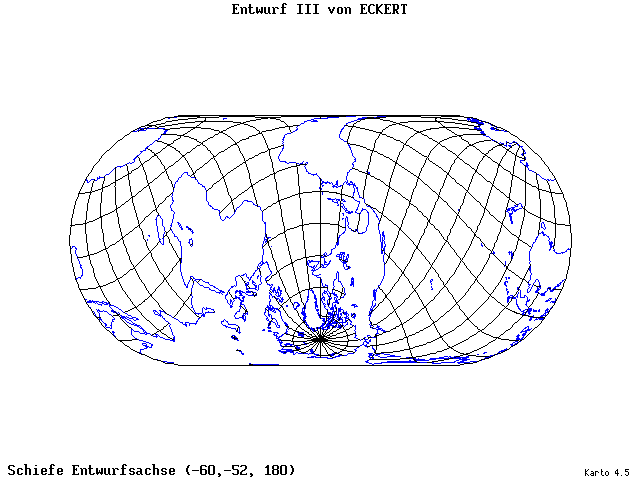 Pseudocylindrical Projection (Eckhart III) - 60°W, 52°S, 180° - wide