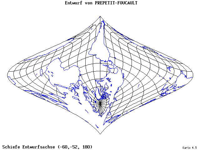 Prepetit-Foucault Projection - 60°W, 52°S, 180° - wide