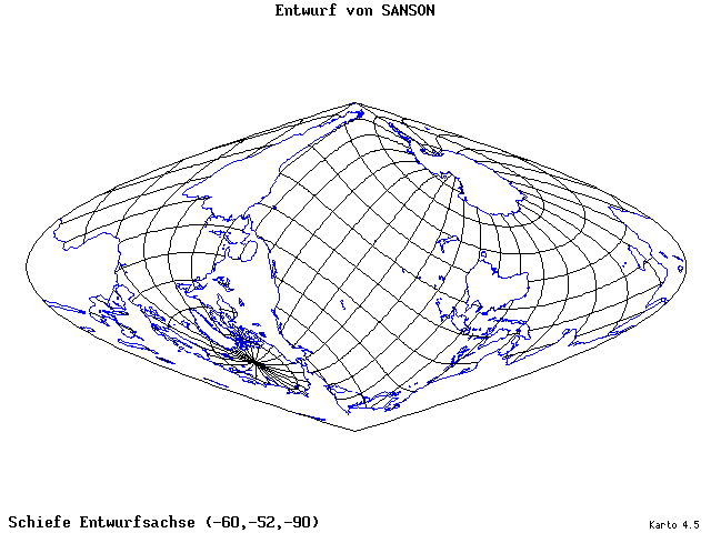 Sanson's Projection - 60°W, 52°S, 270° - wide