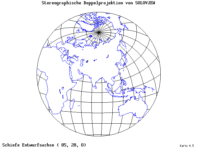 Solovjev's Double-Stereographic Projection - 85°E, 28°N, 0° - standard