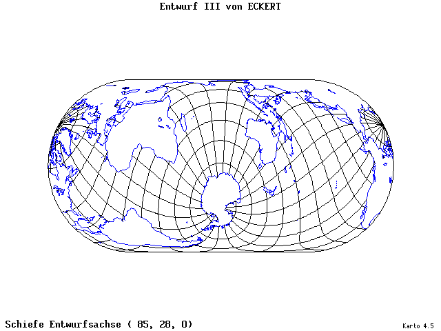 Pseudocylindrical Projection (Eckhart III) - 85°E, 28°N, 0° - standard