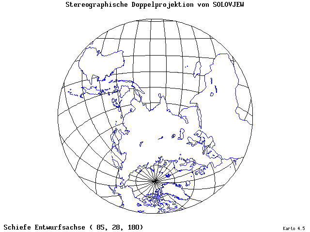 Solovjev's Double-Stereographic Projection - 85°E, 28°N, 180° - standard