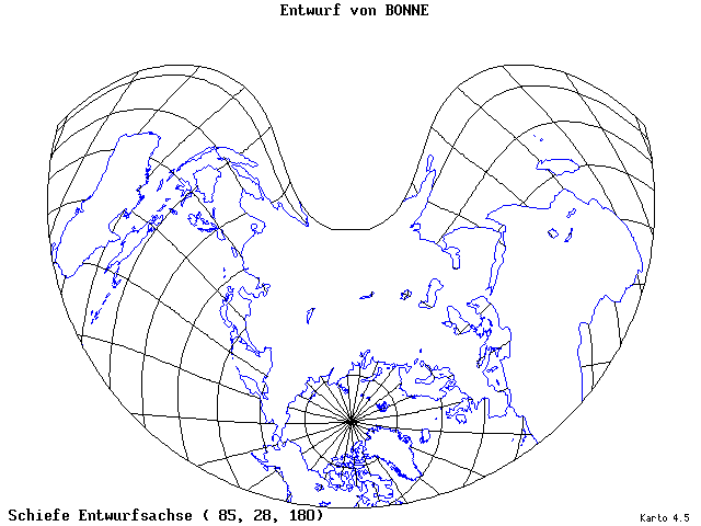 Bonne's Projection - 85°E, 28°N, 180° - standard