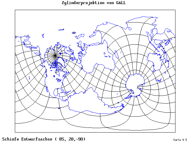 Gall's Cylindrical Projection - 85°E, 28°N, 270° - standard