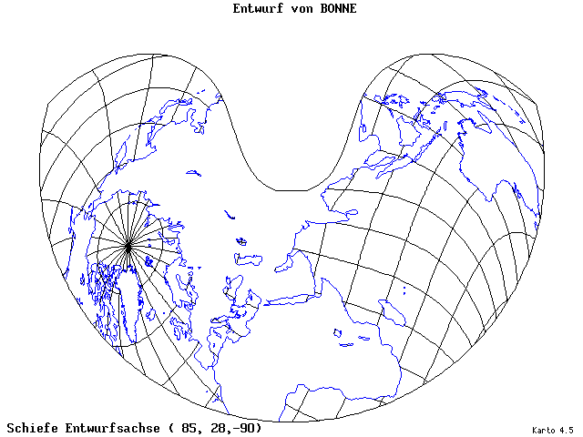 Bonne's Projection - 85°E, 28°N, 270° - standard