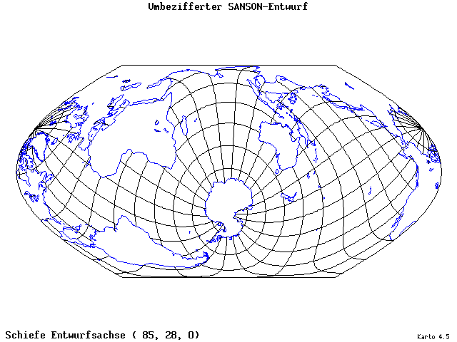 Sanson's Projection (modified) - 85°E, 28°N, 0° - wide
