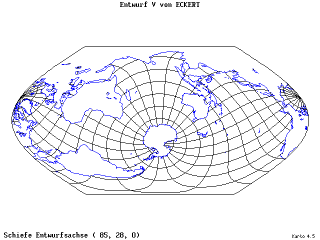 Pseudocylindrical Projection (Eckhart V) - 85°E, 28°N, 0° - wide