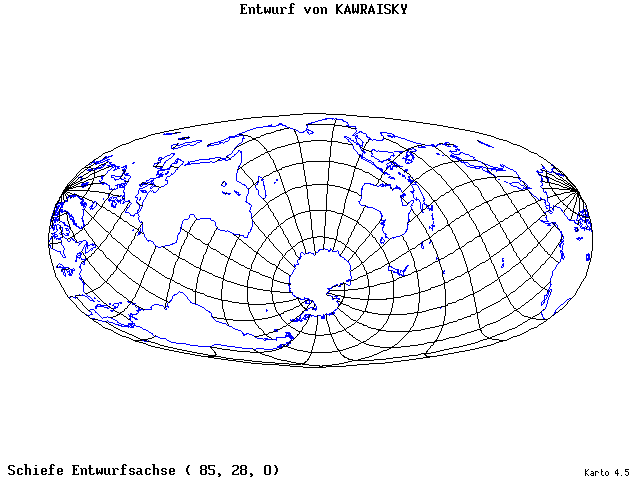 Kavraisky's Projection - 85°E, 28°N, 0° - wide