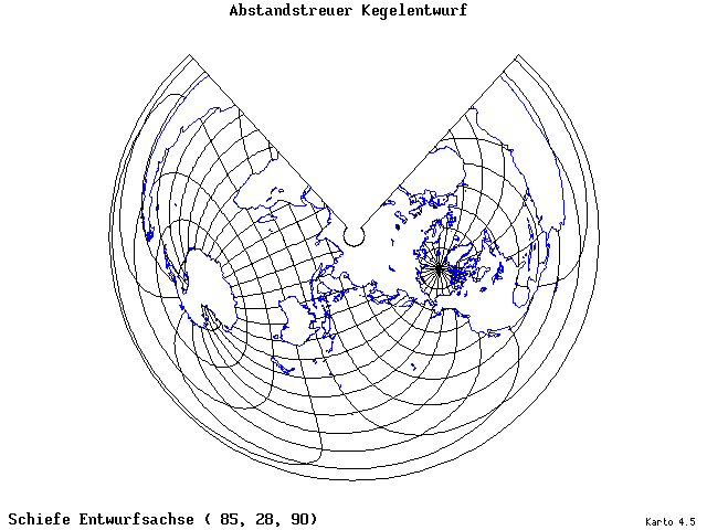 Conical Equidistant Projection - 85°E, 28°N, 90° - wide
