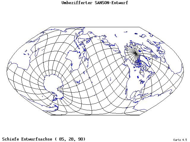 Sanson's Projection (modified) - 85°E, 28°N, 90° - wide