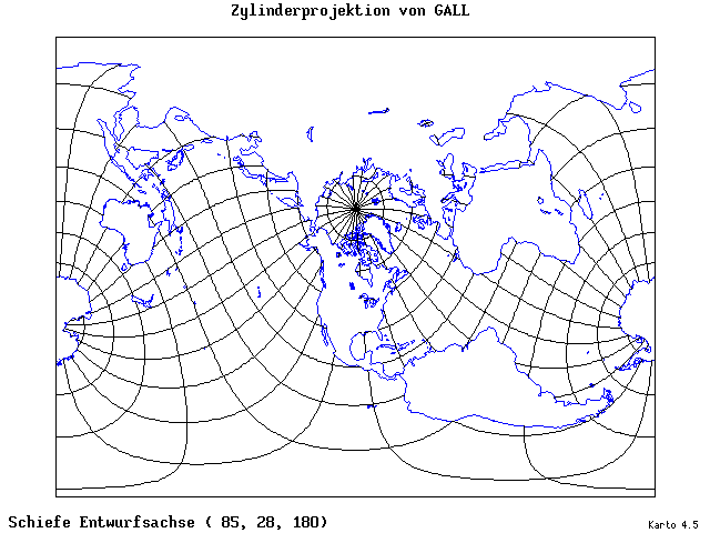 Gall's Cylindrical Projection - 85°E, 28°N, 180° - wide
