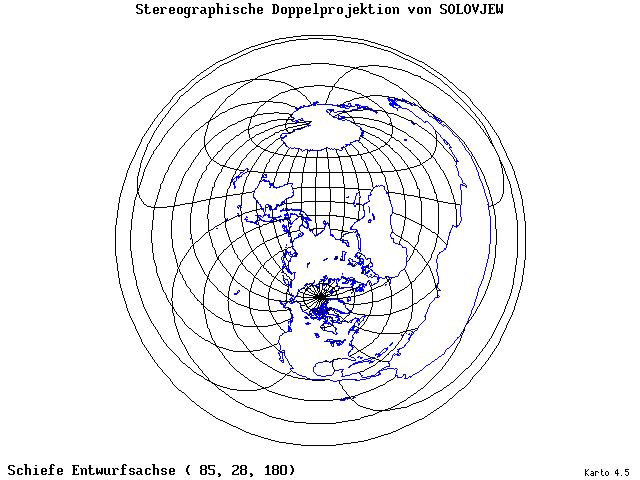 Solovjev's Double-Stereographic Projection - 85°E, 28°N, 180° - wide