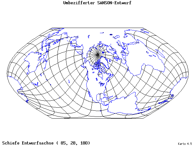 Sanson's Projection (modified) - 85°E, 28°N, 180° - wide