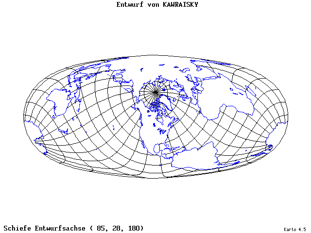 Kavraisky's Projection - 85°E, 28°N, 180° - wide