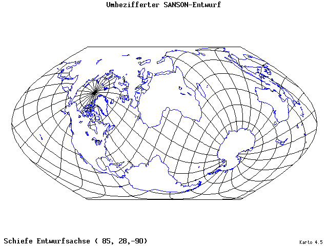 Sanson's Projection (modified) - 85°E, 28°N, 270° - wide
