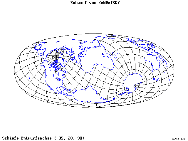 Kavraisky's Projection - 85°E, 28°N, 270° - wide