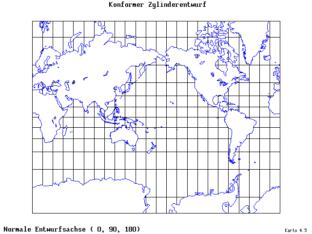 Mercator's Cylindrical Conformal Projection - 0°E, 90°N, 180° - standard