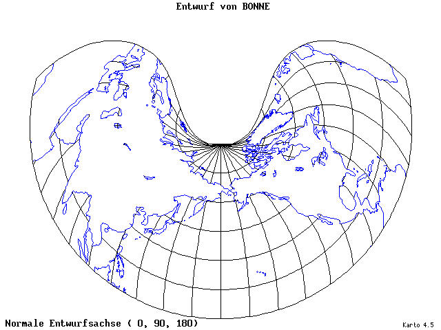 Bonne's Projection - 0°E, 90°N, 180° - standard
