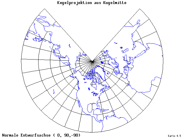 Conical Gnomonic Projection - 0°E, 90°N, 270° - standard