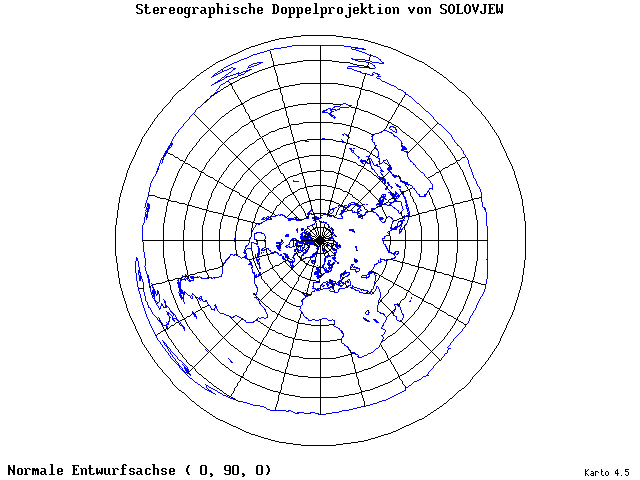 Solovjev's Double-Stereographic Projection - 0°E, 90°N, 0° - wide
