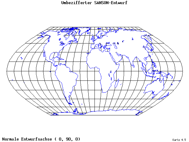 Sanson's Projection (modified) - 0°E, 90°N, 0° - wide