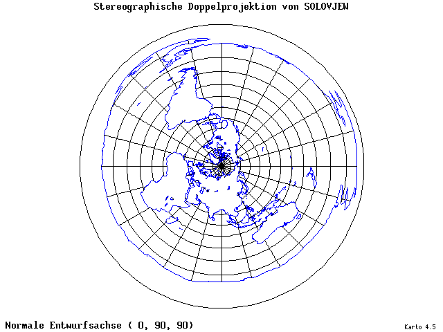 Solovjev's Double-Stereographic Projection - 0°E, 90°N, 90° - wide