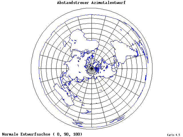 Azimuthal Equidistant Projection - 0°E, 90°N, 180° - wide