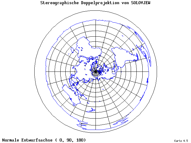Solovjev's Double-Stereographic Projection - 0°E, 90°N, 180° - wide