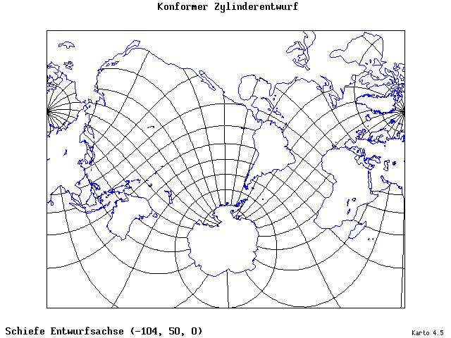 Mercator's Cylindrical Conformal Projection - 105°W, 50°N, 0° - standard