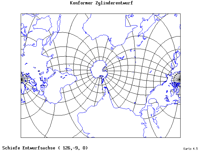 Mercator's Cylindrical Conformal Projection - 126°E, 9°S, 0° - standard