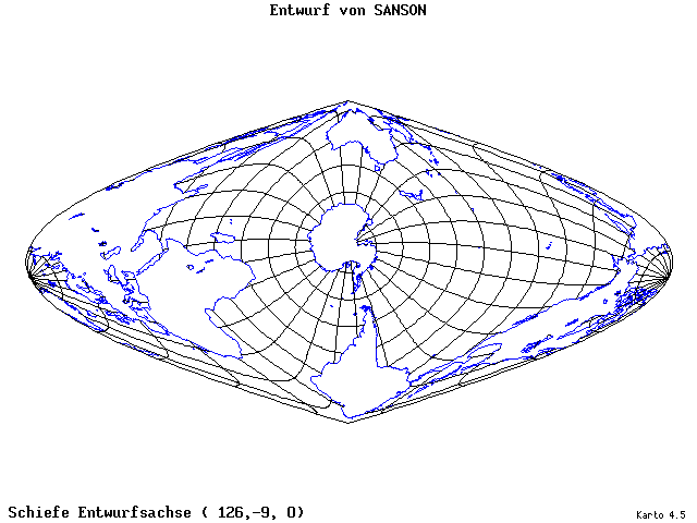 Sanson's Projection - 126°E, 9°S, 0° - standard