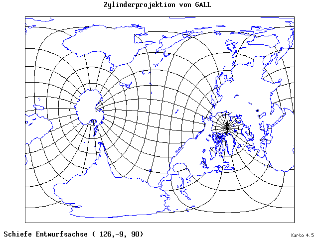 Gall's Cylindrical Projection - 126°E, 9°S, 90° - standard