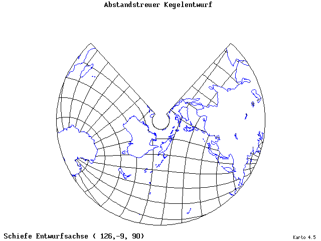 Conical Equidistant Projection - 126°E, 9°S, 90° - standard