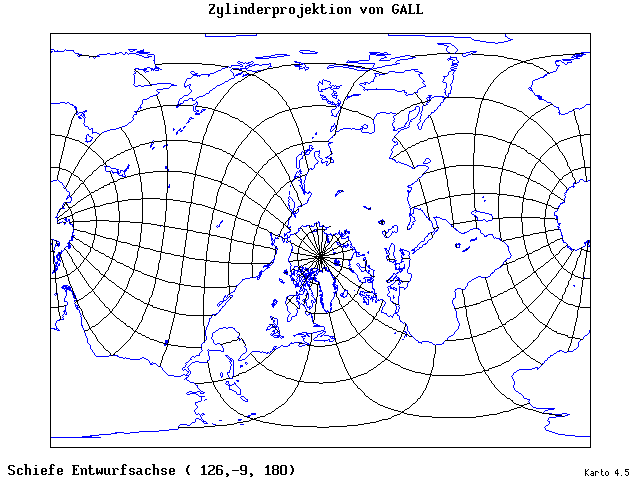 Gall's Cylindrical Projection - 126°E, 9°S, 180° - standard
