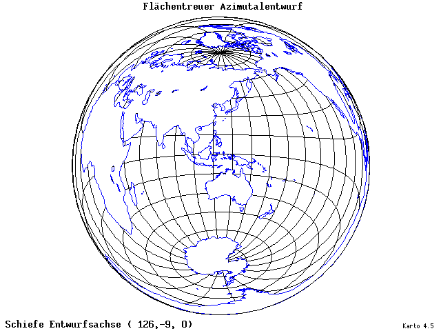 Azimuthal Equal-Area Projection - 126°E, 9°S, 0° - wide