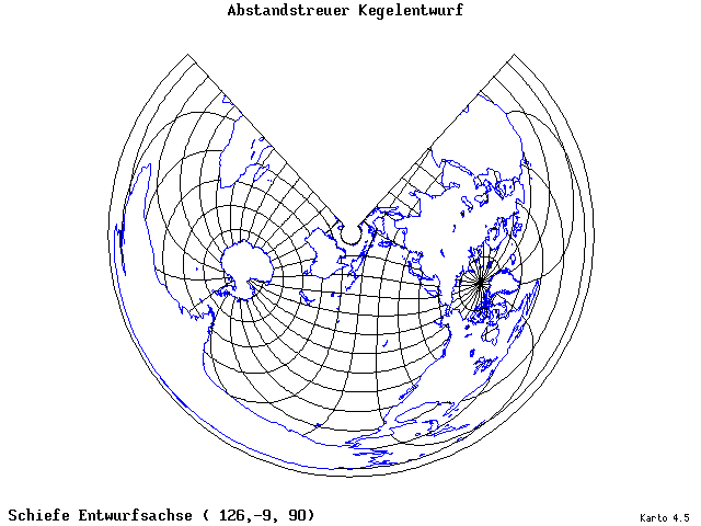 Conical Equidistant Projection - 126°E, 9°S, 90° - wide