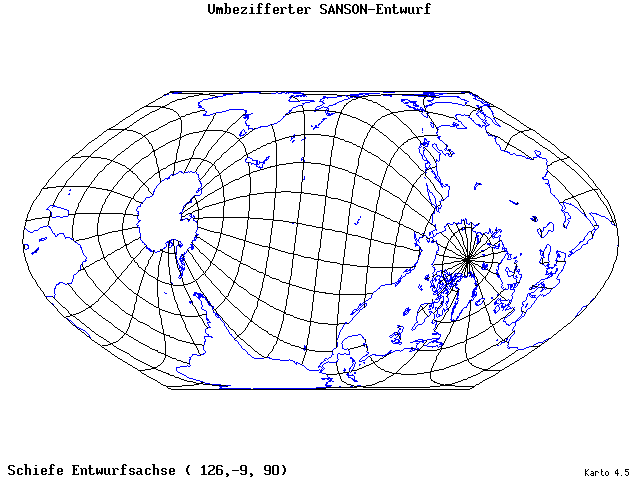 Sanson's Projection (modified) - 126°E, 9°S, 90° - wide